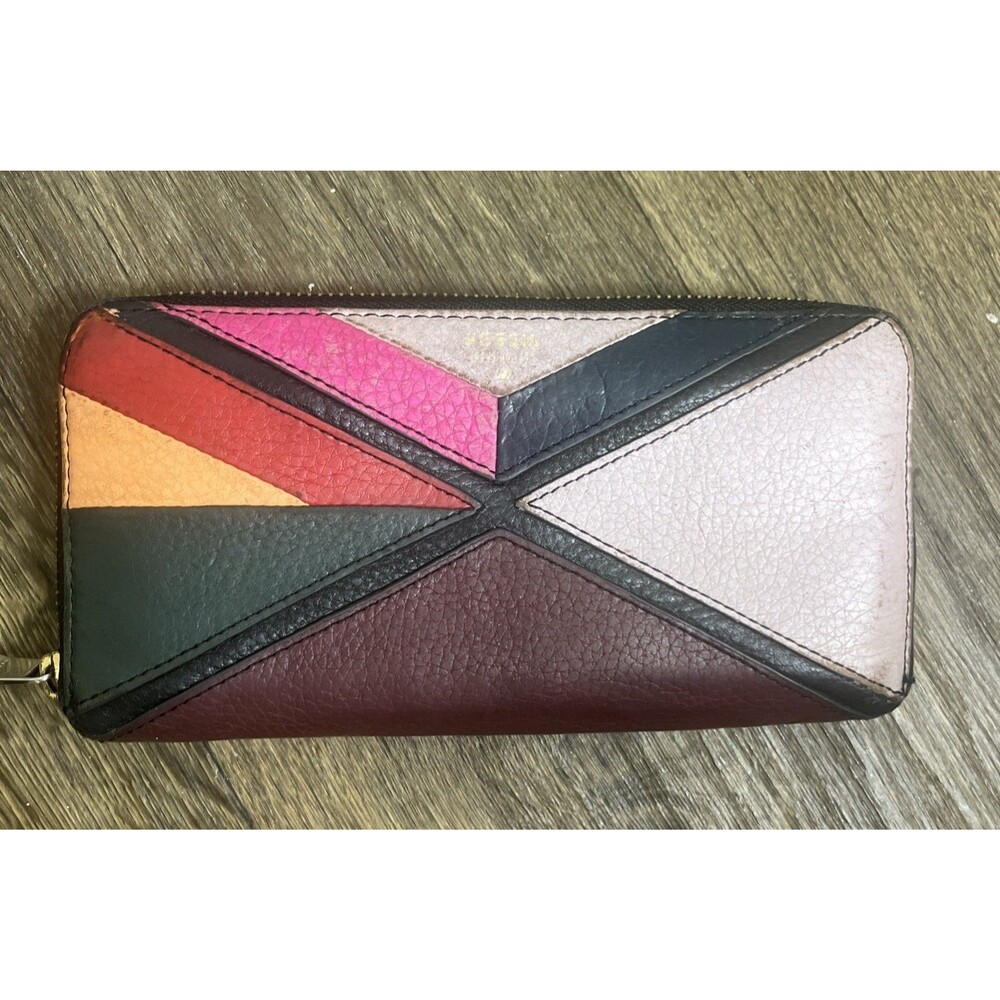 FOSSIL Leather Wallet Patchwork Bright Colors Zippered Expanding Capacity